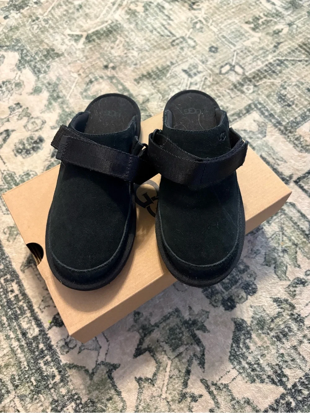 UGG Kids Black Suede Slip-On Clogs with Hook-and-Loop Strap